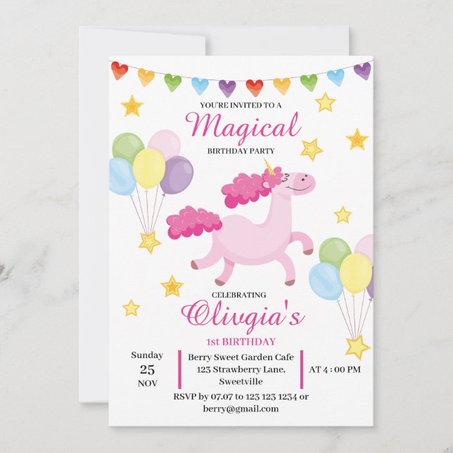 Madical Girls first Cute Pink Unicorn Birthday  Invitation (Front)