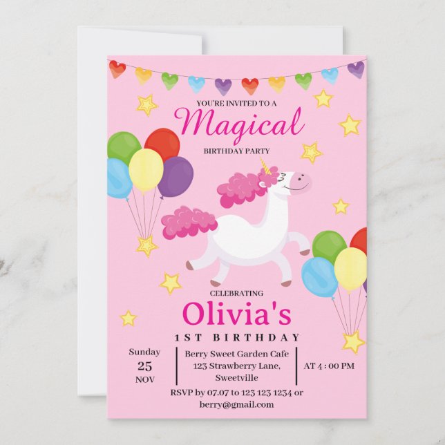Madical Girls first Cute Pink Unicorn Birthday  Invitation (Front)