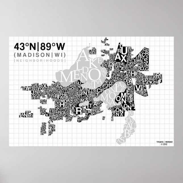 Madison Neighborhood Typography Map - B&W Poster (Front)