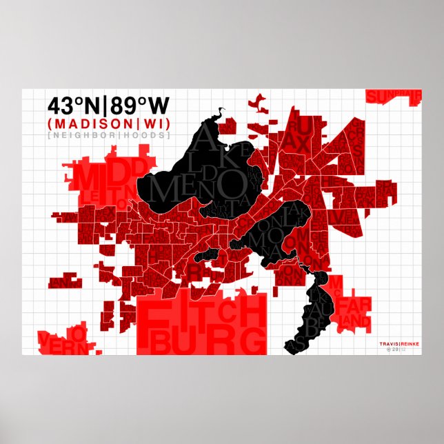 Madison Neighborhood Typography Map - Red Poster (Front)