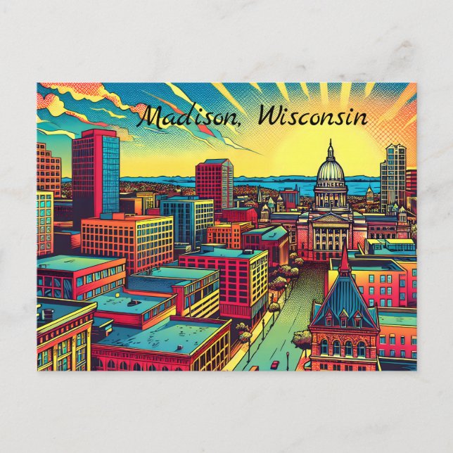 Madison, Wisconsin City Skyline at Sunset Postcard (Front)