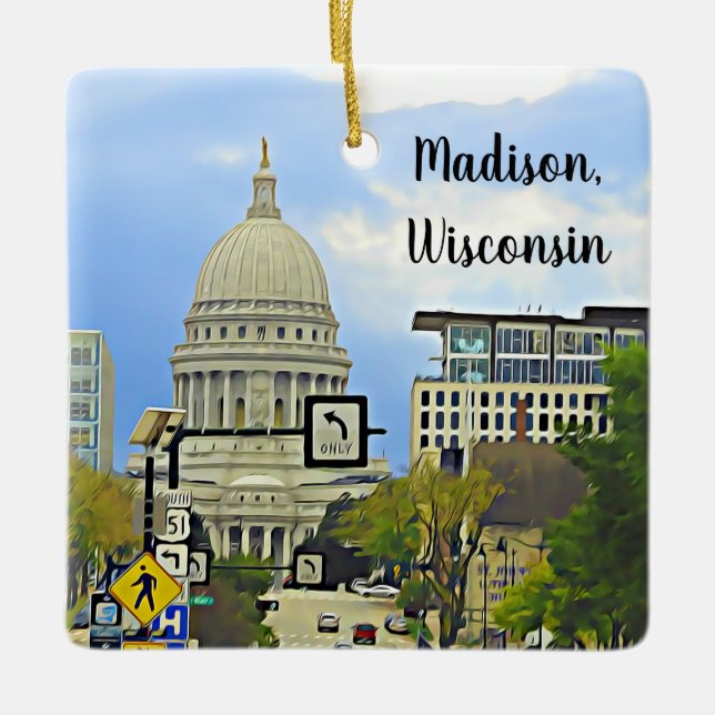 Madison, Wisconsin City View Capitol Building  Ceramic Ornament (Front)