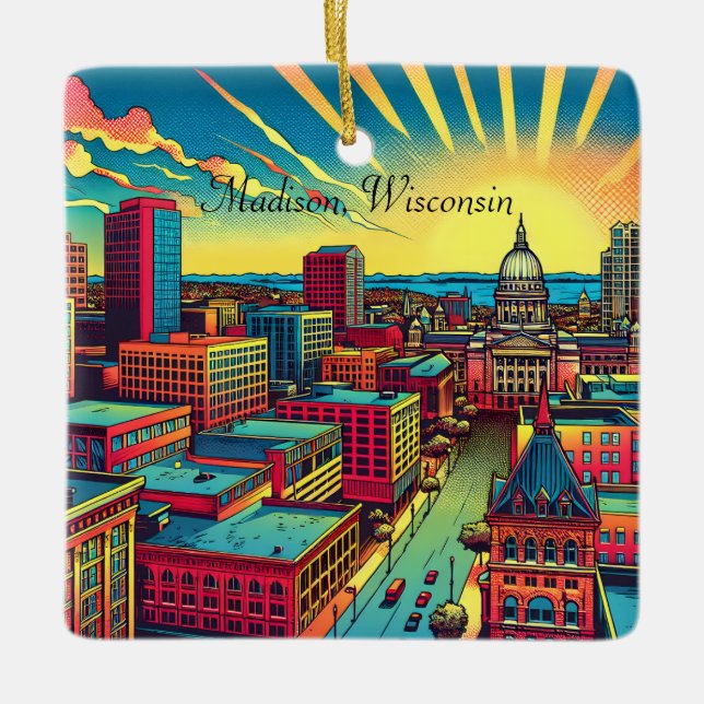 Madison, Wisconsin Skyline at Sunset   Ceramic Ornament (Front)