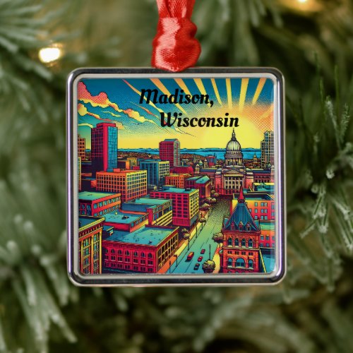 Madison Wisconsin Skyline at Sunset   Metal Ornament