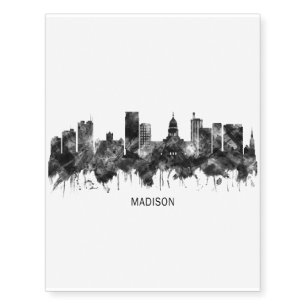 Madison Wisconsin Skyline BW Temporary Tattoos