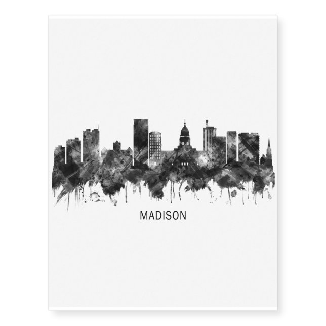 Madison Wisconsin Skyline BW Temporary Tattoos (Front)