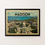 Madison Wisconsin Vintage Travel Jigsaw Puzzle<br><div class="desc">Madison Wisconsin design in Vintage Travel style featuring the city skyline of Madison,  Wisconsin,  state capitol with lake view and blue sky.</div>