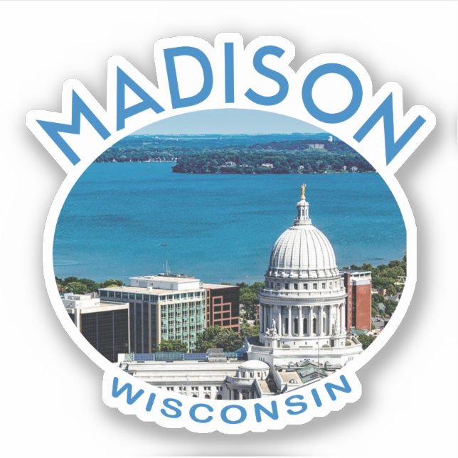 Madison Wisconsin with caption and lake photo Sticker (Front)