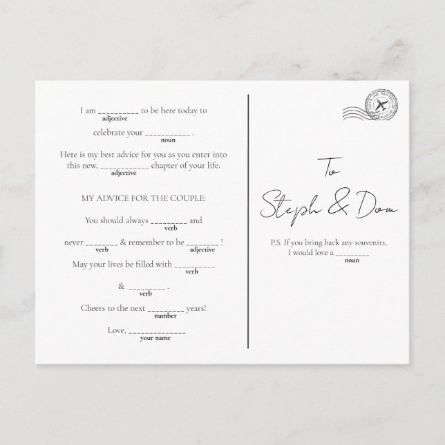 MadLib Game - Engagement, Goodbye Party,  Holiday Postcard (Front)