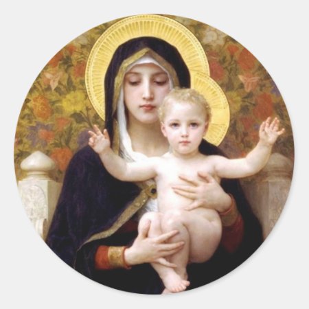 Madona With Lilies Bouguereau Antique Painting Classic Round Sticker