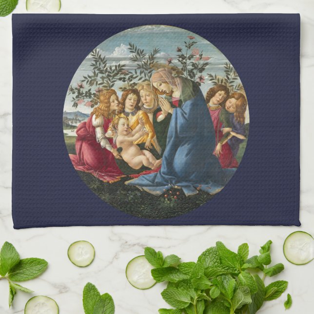 Madonna Adoring the Child with 5 Angels Botticelli Kitchen Towel (Folded)
