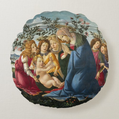Madonna Adoring the Child with 5 Angels Botticelli Round Pillow