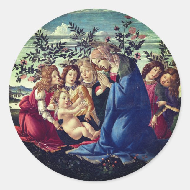 Madonna Adoring the Child with Five Angels Classic Round Sticker (Front)
