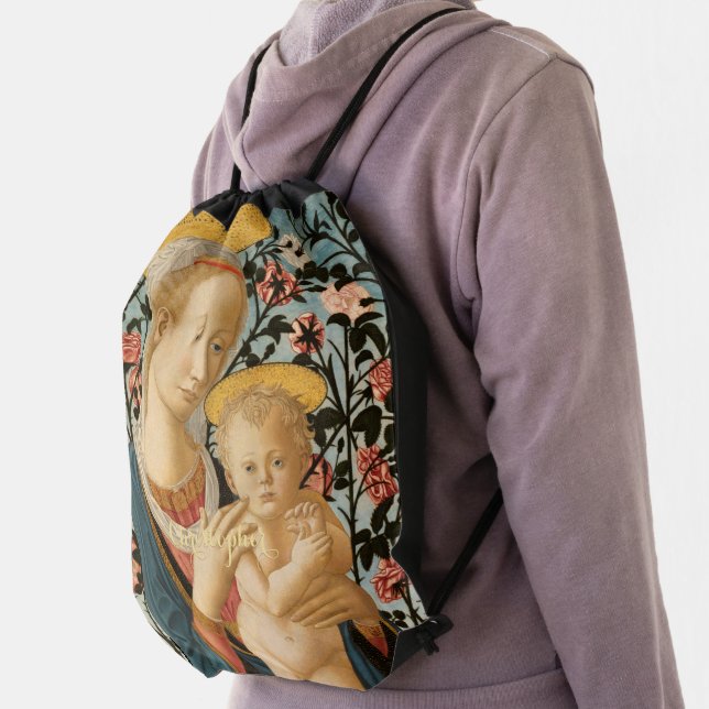 Madonna and Child Jesus Virgin Mary Monogrammed Drawstring Bag (Insitu)