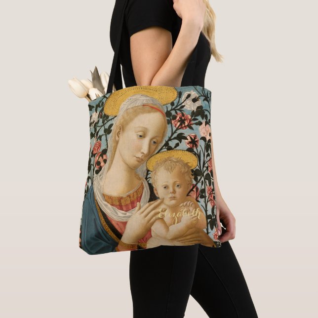 Madonna and Child Jesus Virgin Mary Monogrammed Tote Bag (Close Up)