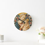 Madonna and Child Jesus Virgin Mary Vintage Art Round Clock<br><div class="desc">Custom, personalized, vintage fine art / christian / christianity / religious art lovers' highest quality Grade-A acrylic round wall clock, featuring a beautiful adorable detailed vintage tempera on poplar panel painting, by an anonymous artist, of Madonna / Virgin Mary and Child Jesus. The clock features text in elegant faux gold...</div>