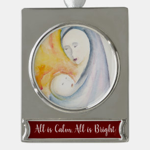 Madonna and Child Modern Religious Silver Plated Banner Ornament