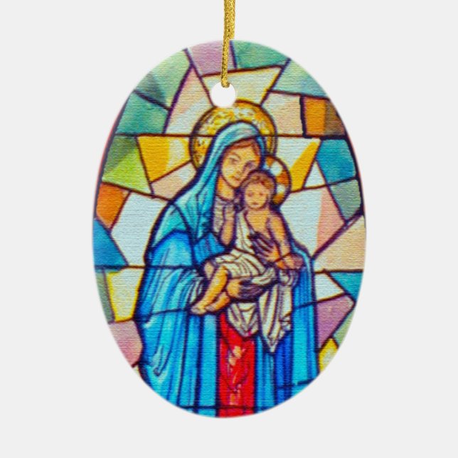 Madonna and Child Nativity Stained Glass Style Ceramic Ornament (Front)