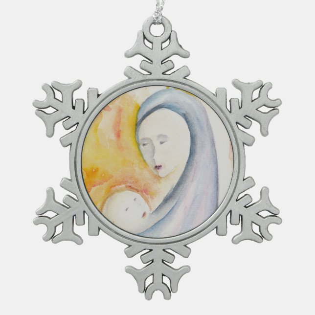 Madonna and Child Religious Christmas Snowflake Pewter Christmas Ornament (Front)