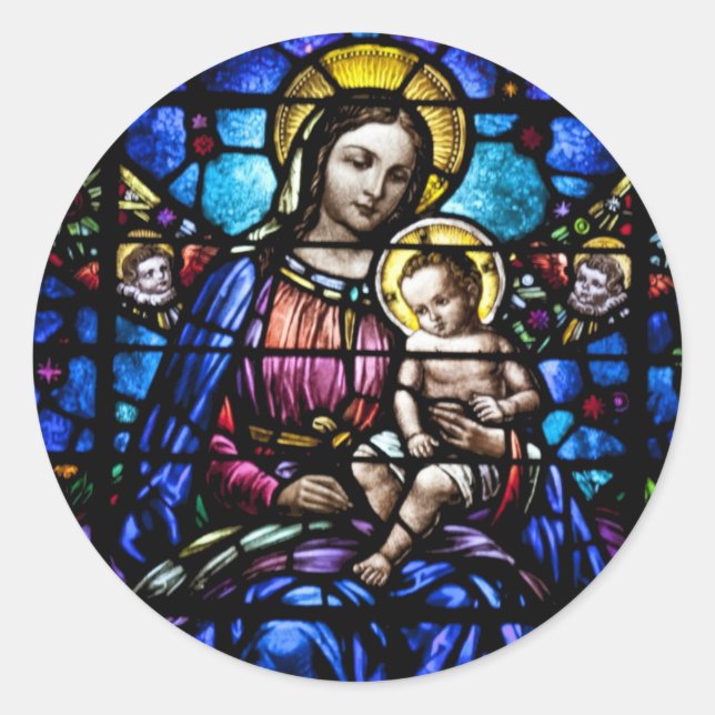 Madonna and Child Stained Glass Look Classic Round Sticker (Front)