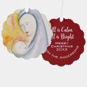 Madonna and Child Watercolor   Modern Religious Ornament Card
