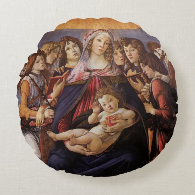 Madonna and Child with Angels by Sandro Botticelli Round Pillow (Front)