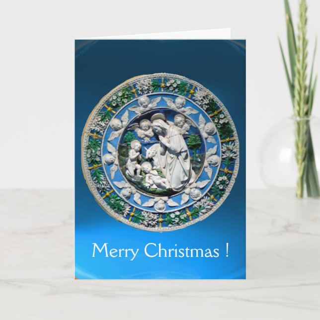 MADONNA AND CHILD WITH ANGELS ,Round Blue Sapphire Holiday Card (Front)