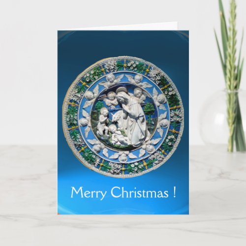 MADONNA AND CHILD WITH ANGELS Round Blue Sapphire Holiday Card