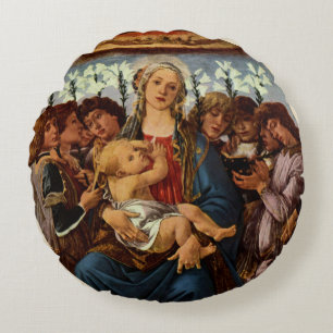 Madonna and Child with Eight Angels by Botticelli Round Pillow