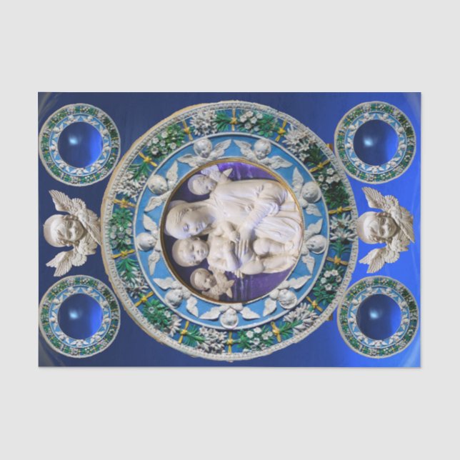 MADONNA,CHILD,ANGELS NATIVITY FLORAL CROWN Blue Tissue Paper (Front)