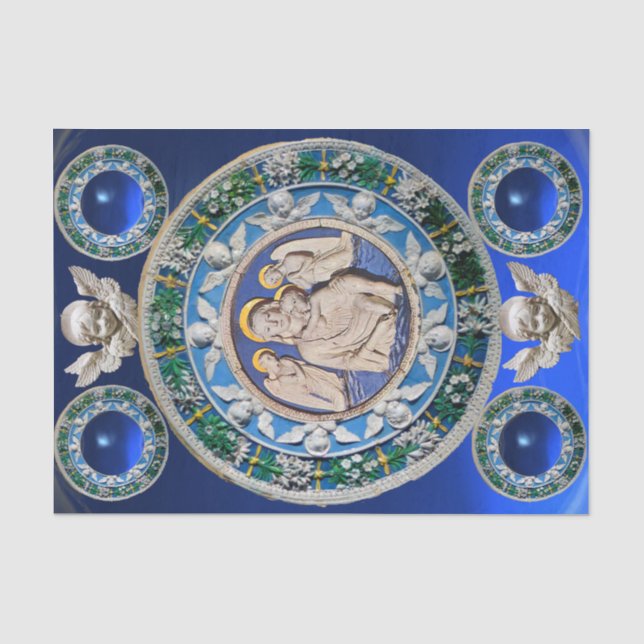 MADONNA,CHILD,ANGELS NATIVITY FLORAL CROWN Blue Tissue Paper (Front)