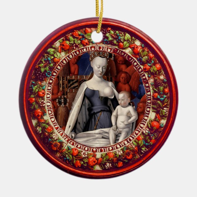 MADONNA, CHILD.ANGELS Red Floral Crown Christmas Ceramic Ornament (Front)