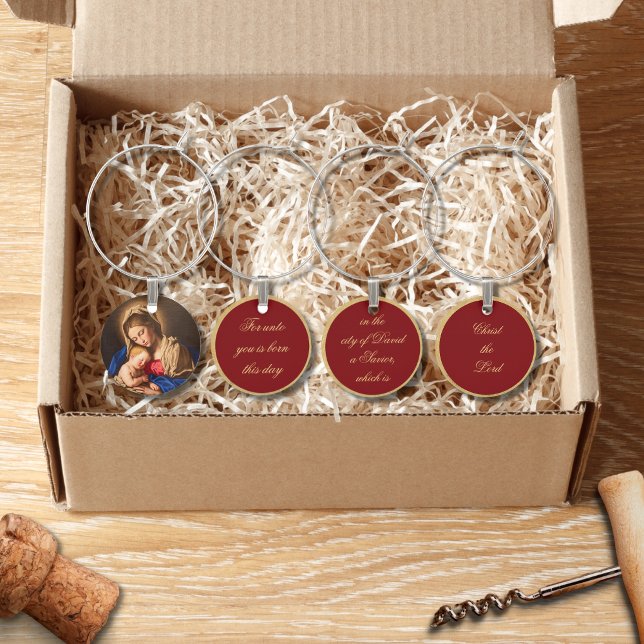 Madonna & Child Catholic Christmas Gift Wine Charm (Religious Christmas wine charms with Bible verse and Madonna and Child. Perfect Catholic gift.)