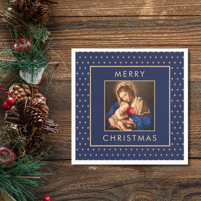 Madonna & Child Traditional Religious Christmas Napkins (Religious Christmas napkin with Madonna and Child in navy blue and gold)
