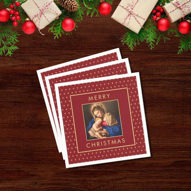 Madonna & Child Traditional Religious Christmas Napkins (Religious Christian Christmas cocktail napkins with Madonna and Child in red and gold for )