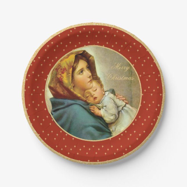 Madonna & Child Traditional Religious Christmas Paper Plates (Front)