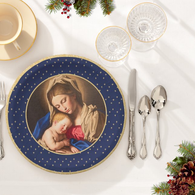 Madonna & Child Traditional Religious Christmas Paper Plates (Religious Christmas plate mockup with Madonna and Child in blue and gold for Catholics & Christians.)