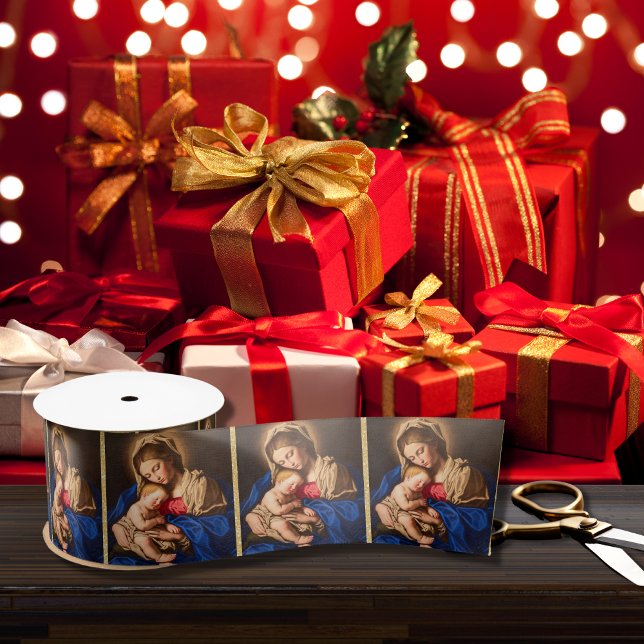 Madonna & Child Traditional Religious Christmas Satin Ribbon (Religious Christmas ribbon with Madonna and Child for Catholics)
