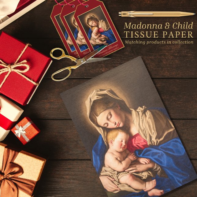 Madonna & Child Traditional Religious Christmas Tissue Paper (Madonna and Child religious Christmas tissue paper for gift wrapping in red and gold)
