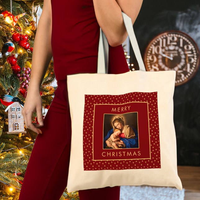 Madonna & Child Traditional Religious Christmas Tote Bag (Religious Christmas tote bag with Madonna & Child in red and gold for Catholics/Christians)