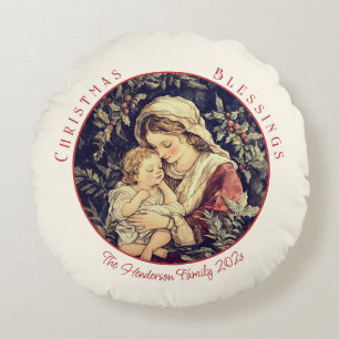 Madonna Child Vintage Christmas Round Pillow