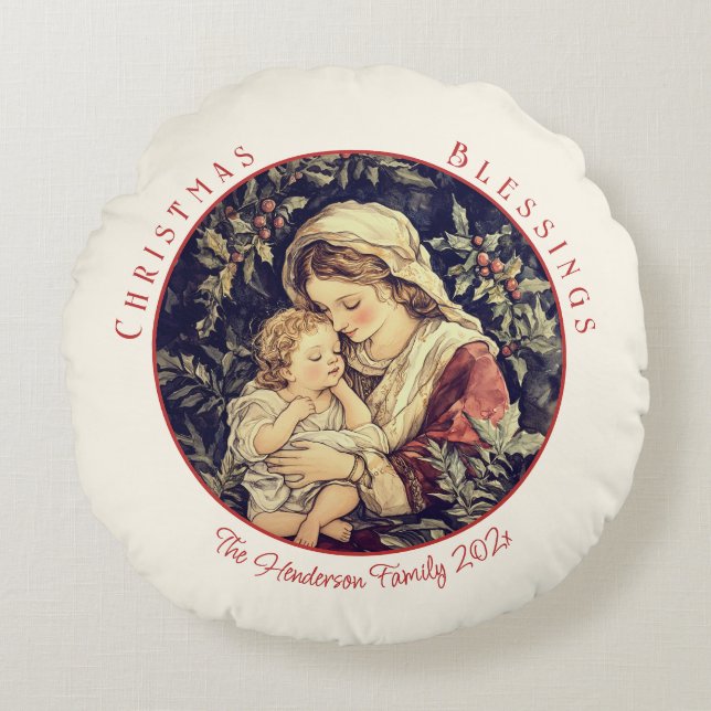 Madonna Child Vintage Christmas  Round Pillow (Front)