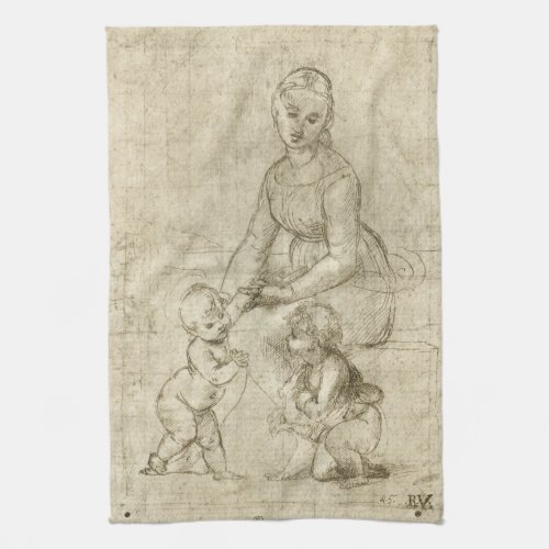 Madonna Christ and Saint John Baptist by Rapahel Kitchen Towel