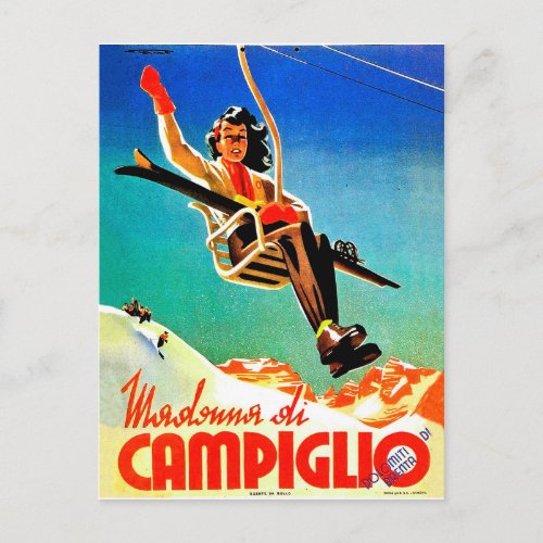 Madonna di Campiglio woman on ski lift vintage Postcard