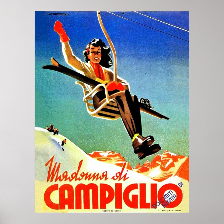 Madonna di Campiglio, woman on ski lift, vintage Poster Zazzle