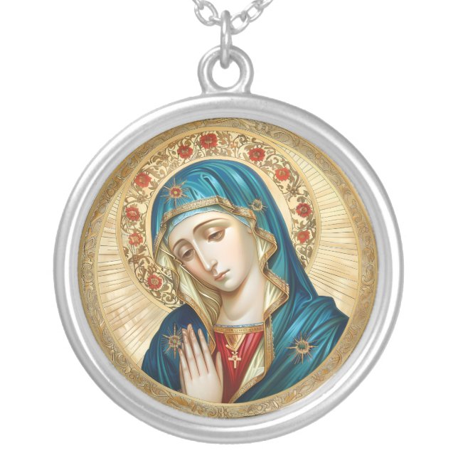 Madonna in Prayer with Red Roses Silver Plated Necklace (Front)