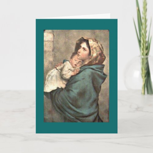 Madonna in Scarf Holds Baby Jesus Holiday Card