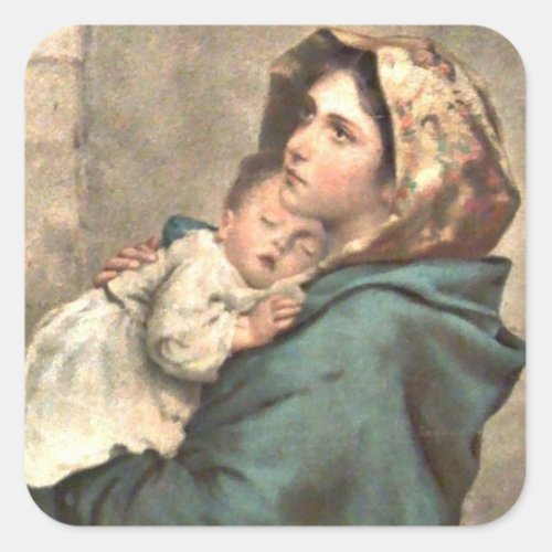 Madonna in Scarf Holds Baby Jesus Square Sticker