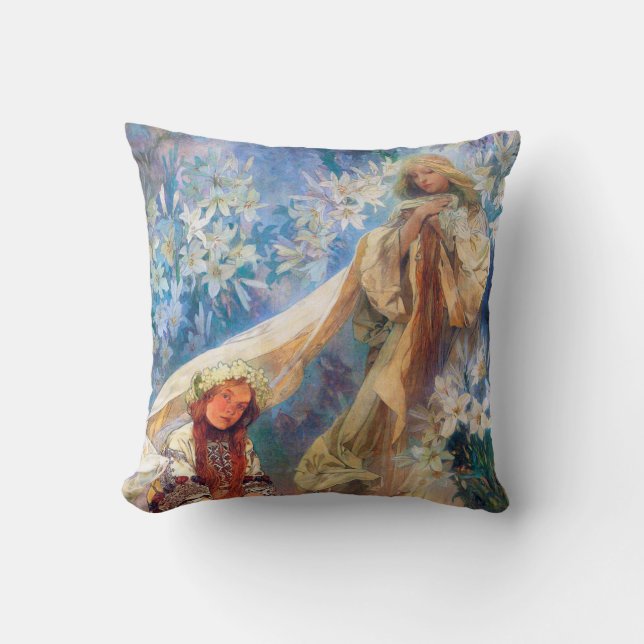 Madonna of the Lily, Mucha Throw Pillow (Front)