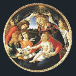 Madonna of the Magnificat Classic Round Sticker<br><div class="desc">Madonna of the Pomegranate is a painting by the Italian Renaissance master Sandro Botticelli, 1487 FLorence Italy .tempera on panel.This work portrays the Virgin Mary crowned by two angels. The Child Jesus is keeping in a hand the pomegranate,  symbol of the Resurrection.</div>